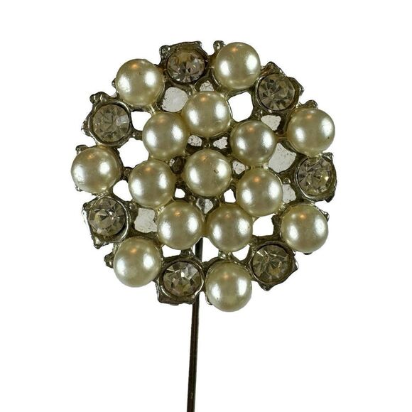 Vintage Faux Pearl Cluster With Rhinestones Stick Pin - Picture 1 of 7